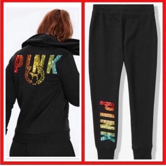 PINK VS RAINBOW OMBRÉ HOODIE / JOGGER OUTFIT SET M - Picture 1 of 16